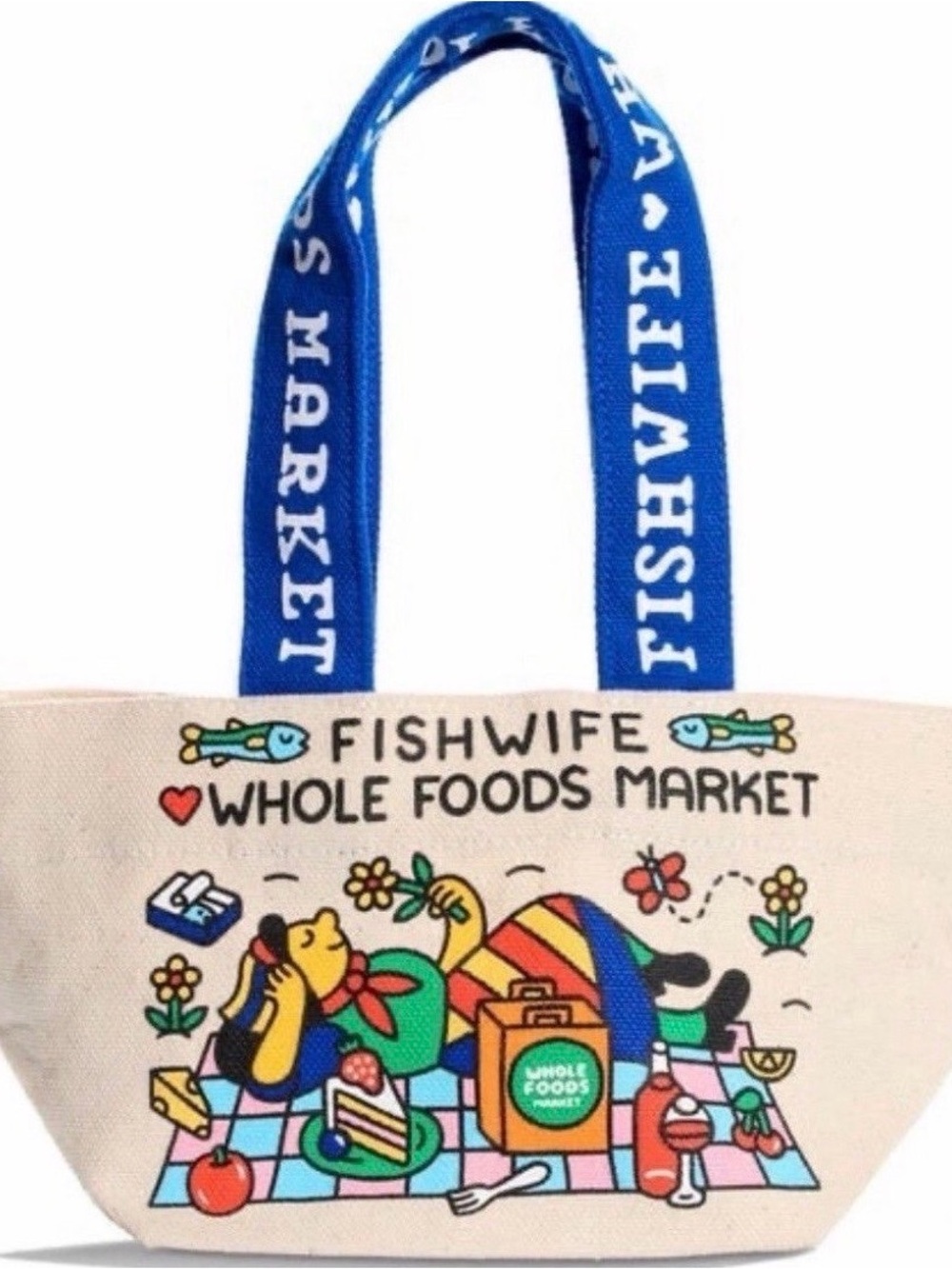 Whole Foods Market Fishwife Canvas Tote with Blue Handles